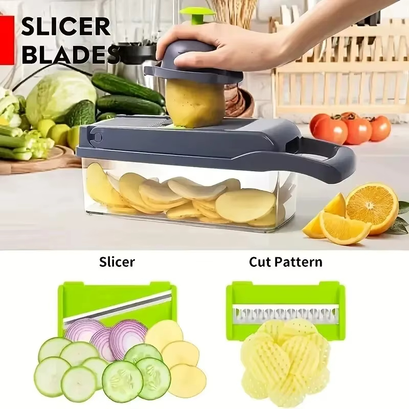 Kitchen Gadgets Luxury - Luxuriöser Gemüseschneider - Mehrfachzubehör (Klingen/Bürste/Korb), All-in-One