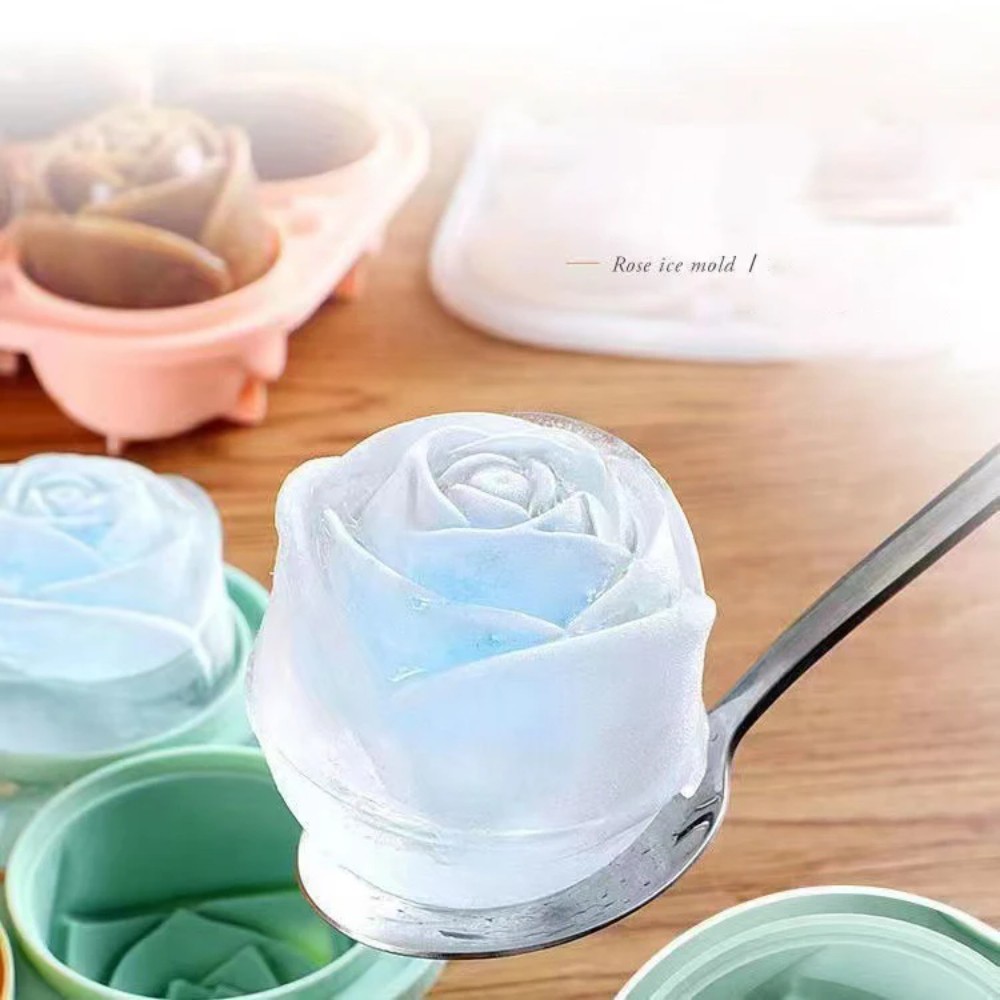 Kitchen Gadgets Plus - 3D-Rosen-Silikon-Eisformen, 4-Loch-Eiswürfelbehälter, Eisballform in Blumenform, Küchen-